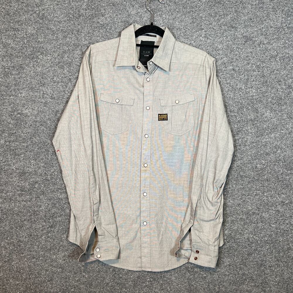 G Star Shirt Mens Medium Gray‎ Chambray Pearl Snap Long Sleeve Raw Casual Flaw